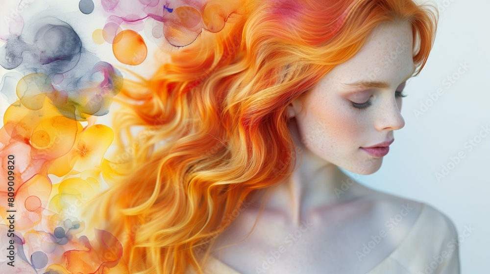 depiction of woman long, flowing red hair that is blowing in wind, watercolor painting of warm colors light behind, watercolor painting warm color light depiction of woman long, flowing red hair that is blowing in wind, watercolor painting of warm colors light behind, watercolor painting warm color light