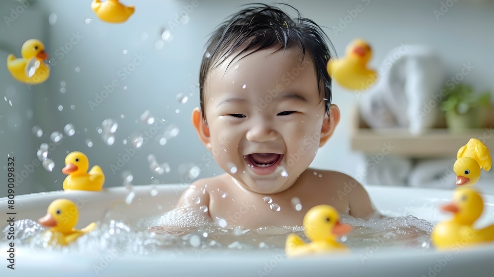 Delighted Asian Infant Laughing Joyfully While Playing with Rubber Ducks in Warm Bathtub Delighted Asian Infant Laughing Joyfully While Playing with Rubber Ducks in Warm Bathtub