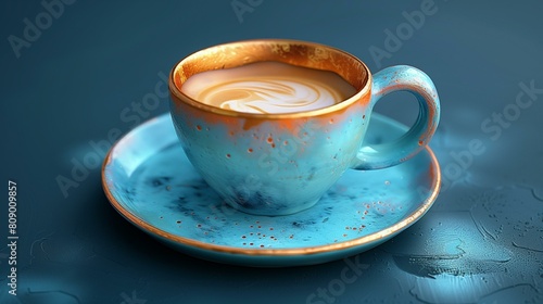 Coffee, blue gold coffee cup on blue table, mocha macchiato ristretto lungo americano photo