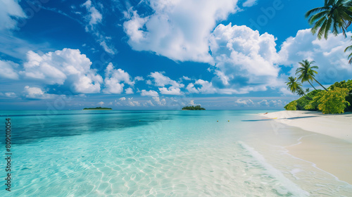 A beautiful beach with a clear blue ocean and a few small islands in the distance. The sky is mostly clear with a few clouds scattered throughout. The scene is peaceful and serene  with the calm ocean