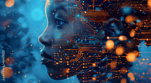 portrait of a person with an AI background. AI portrait concept. Side profile portrait of a black female with a tech pattern overlay, portraying a cyber security analyst of artificial intelligence.