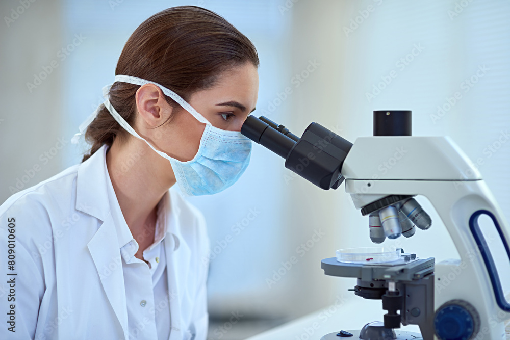 Science, laboratory and woman with microscope for medicine, medical study and vaccine development. Healthcare, pharmaceutical and scientist with equipment for discovery, experiment or research sample Science, laboratory and woman with microscope for medicine, medical study and vaccine development. Healthcare, pharmaceutical and scientist with equipment for discovery, experiment or research sample