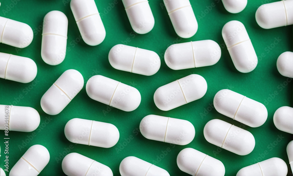 A large number of pills are on the table, green background A large number of pills are on the table, green background