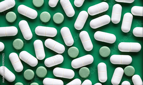 A large number of pills are on the table, green background