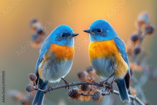 Two bluebirds facing each other on a branch as the warm glow of sunset creates an enchanting backdrop © Larisa AI