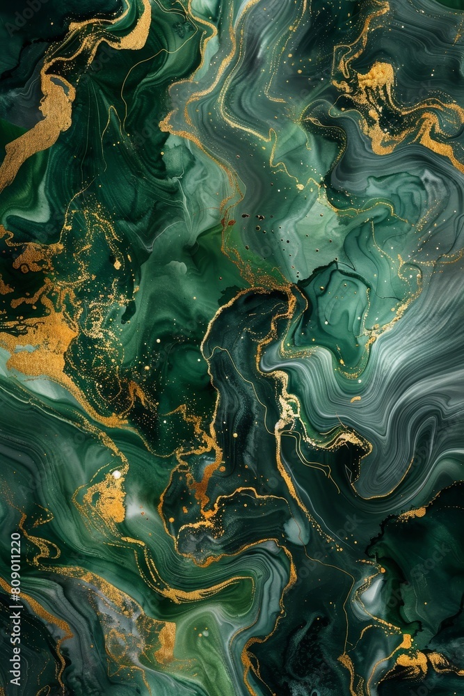 Intricate watercolor depiction of green and gold fluid art, the swirling patterns forming luxurious textures for wallpaper design Intricate watercolor depiction of green and gold fluid art, the swirling patterns forming luxurious textures for wallpaper design