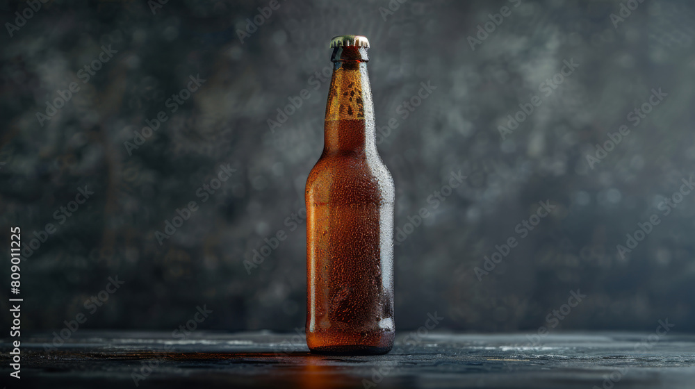 Blank labeled beer bottle. Cold wet bottle, fresh dew droplets. Isolated on dark background. Product mock-up. Blank labeled beer bottle. Cold wet bottle, fresh dew droplets. Isolated on dark background. Product mock-up.