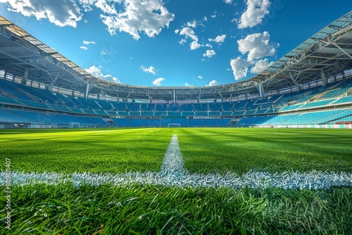 A vast image of an empty football stadium under a clear blue sky, with crisp green turf in the foreground