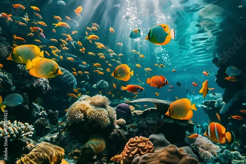 Underwater tropical marine fish on coral reefs. Aquarium oceanarium colorful wildlife panorama  photo