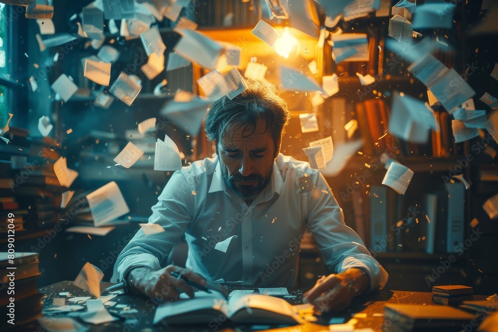 An author appears overwhelmed, seated at a desk with papers flying around in a dimly lit room