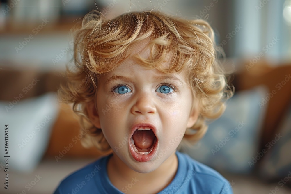 Cute toddler with big blue eyes and curly hair expressing shock with a wide open mouth Cute toddler with big blue eyes and curly hair expressing shock with a wide open mouth