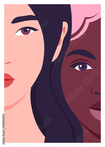 Portrait of a two young women. Faces of African and Asian fashion models. Couple of LGBTQ. Vector flat illustration