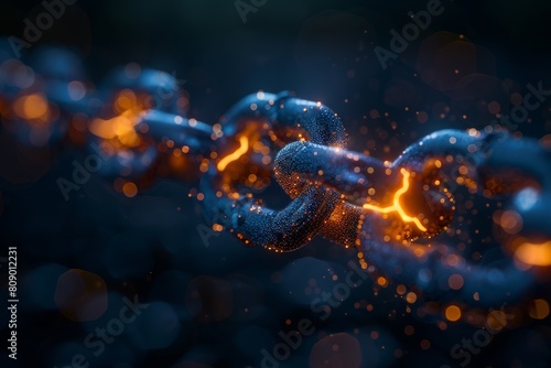 Artistic macro shot of a glowing chain link with bokeh effect in a dark, moody setting