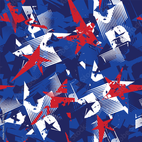 Abstract seamless grunge pattern for Independence Day USA print. Grunge background elements for July 4th in the national colors of the United States of America. Urban modern print stars