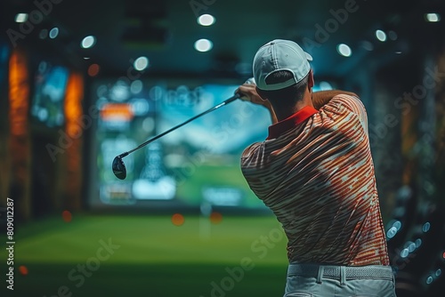A golfer captured in the middle of a swing at an indoor golfing range, focusing on the golfer's form and the ambient lighting of the venue