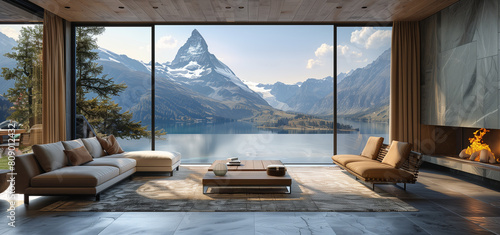Summer view on Matterhorn mountain in Switzerland from modern apartment.