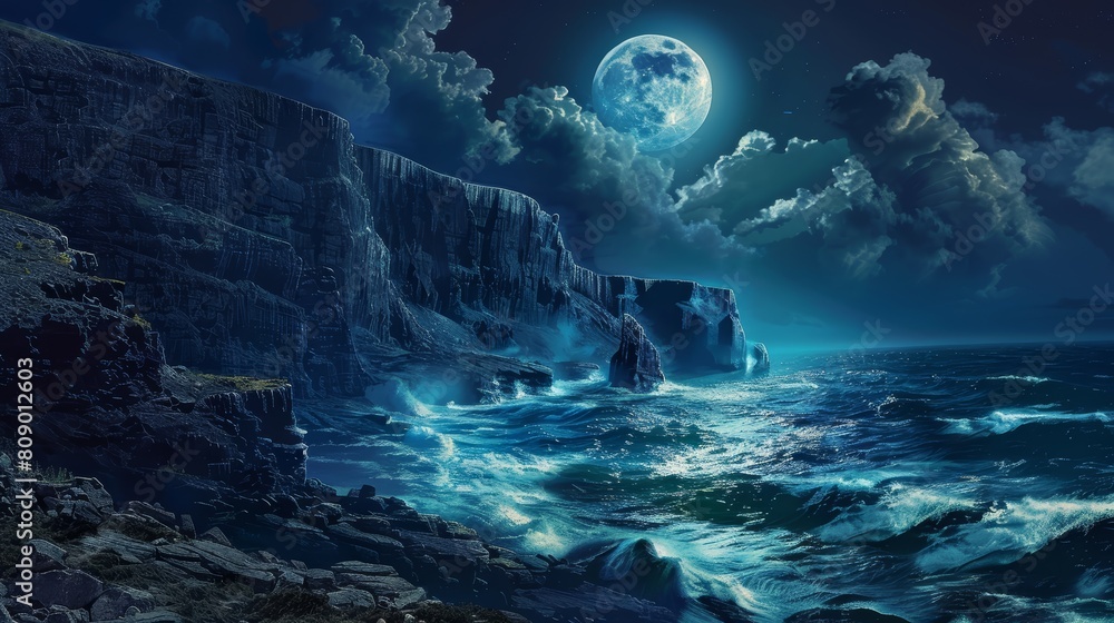 Moonlit Coastal Cliffs, Aerial view of rugged coastal cliffs under the full moon, with waves crashing against the rocks and moonlight casting dramatic shadows Moonlit Coastal Cliffs, Aerial view of rugged coastal cliffs under the full moon, with waves crashing against the rocks and moonlight casting dramatic shadows