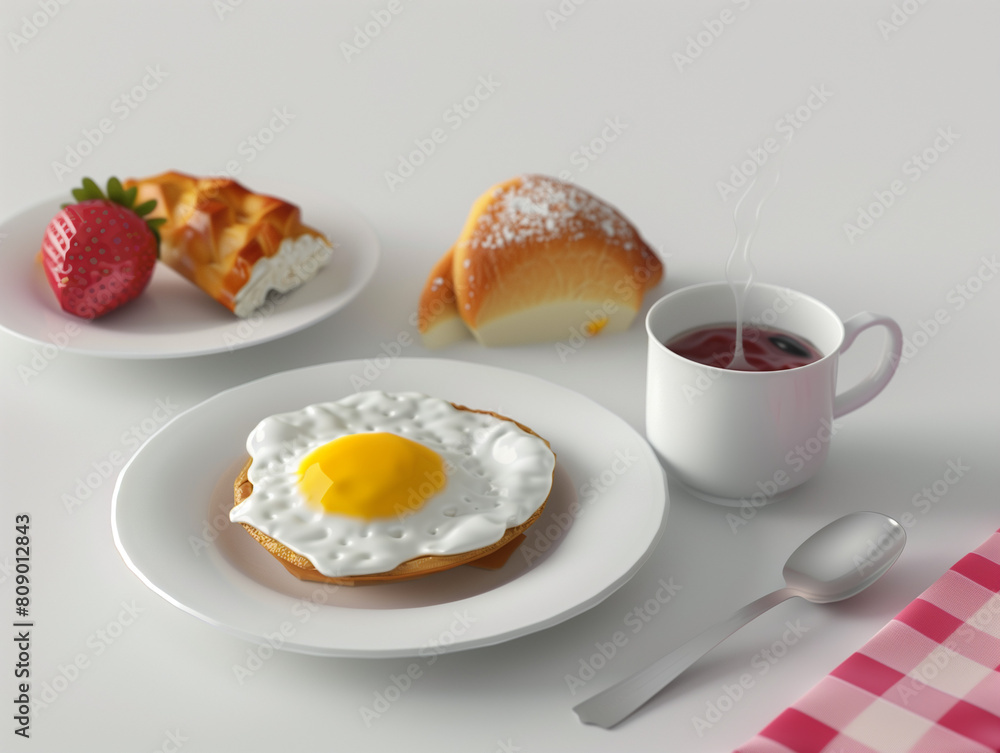A serene breakfast scene with a fried egg on toast, fresh strawberry, croissant, and steaming tea. A serene breakfast scene with a fried egg on toast, fresh strawberry, croissant, and steaming tea.