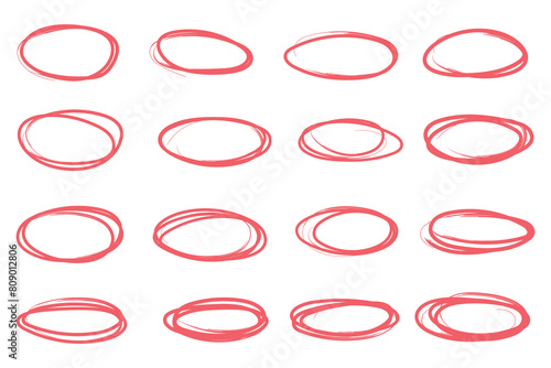 Doodle pencil drawn oval circles. Red grunge ovals and circles for highlighting 