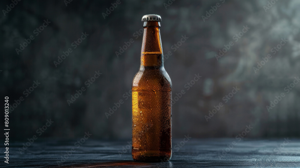 Blank labeled beer bottle. Cold wet bottle, fresh dew droplets. Isolated on dark background. Product mock-up. Blank labeled beer bottle. Cold wet bottle, fresh dew droplets. Isolated on dark background. Product mock-up.