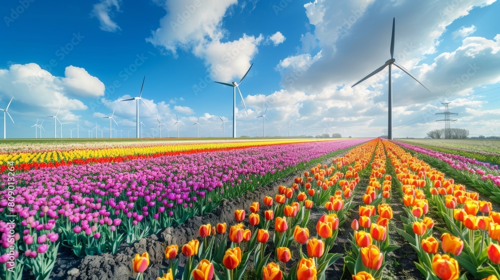Panoramic view of colorful tulips in bloom, futuristic wind turbines casting shadows, representing clean energy and eco-friendly farming