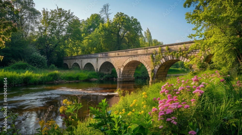 Scenic spring landscape near a classic bridge, blooming flowers and lush greenery surrounding it under clear skies