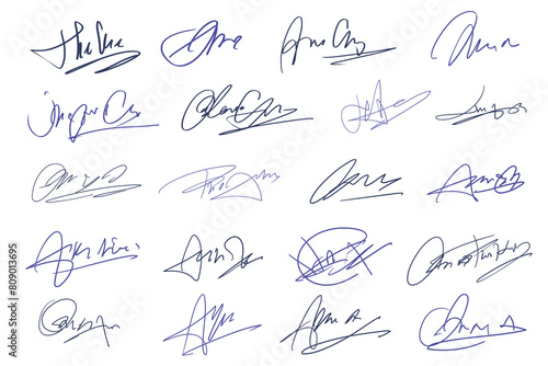 Signatures set. Fictitious handwritten signatures for signing documents on white background. 