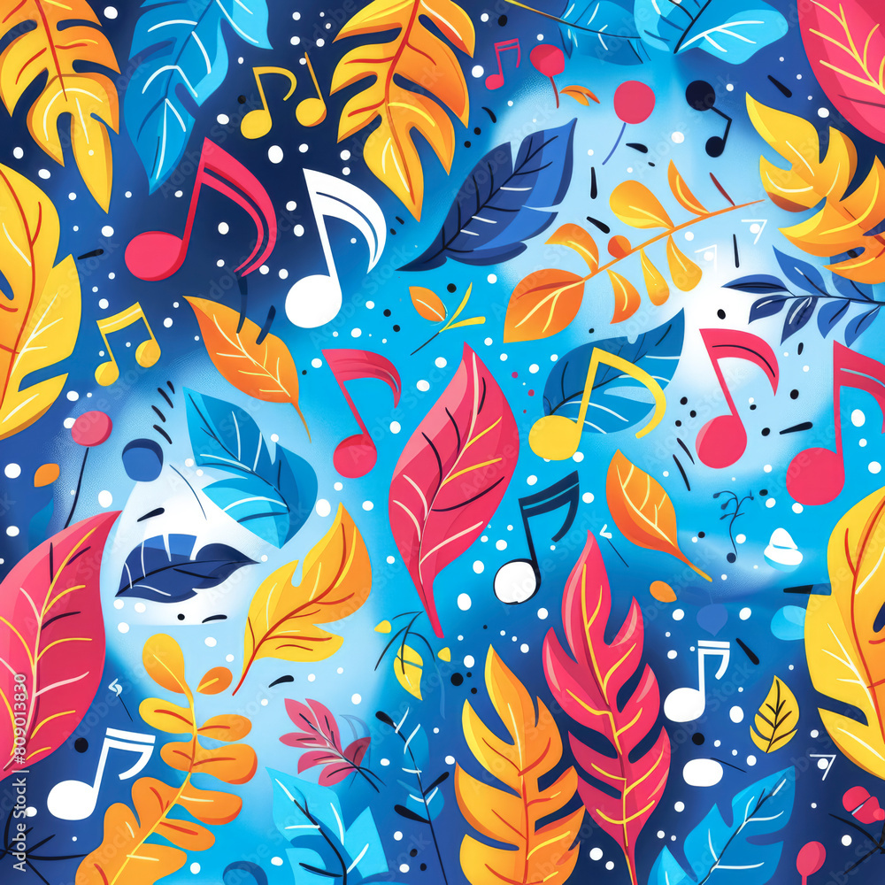 Colorful abstract musical background with notes and leaves, poster design. Colorful abstract musical background with notes and leaves, poster design.