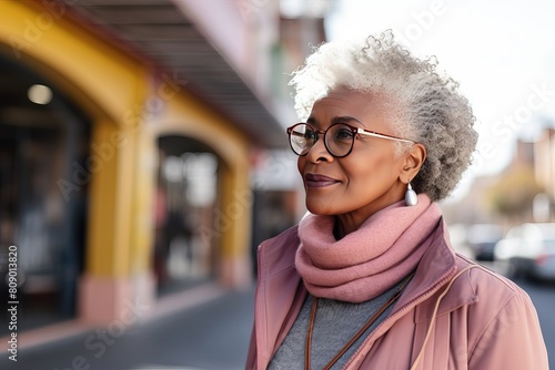 Portrait of a confident 50 year old African American woman. Psychology and confidence concept. Confident African Americanwoman in eyeglasses during outdoor walking.