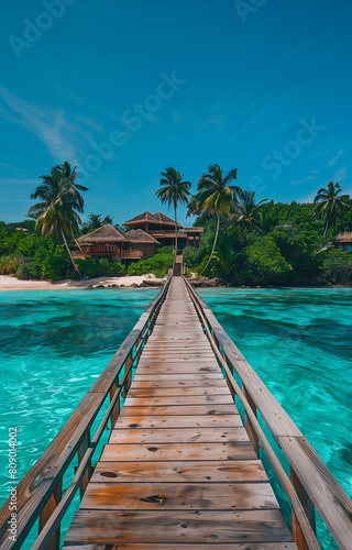 A wooden bridge over a body of water with a palm trees and huts on the beach © Kiran