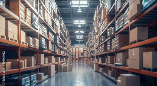 Industrial and warehouse distribution center. Hypermarket warehouse. Cardboard boxes with goods on shelves in storage.