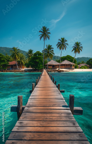 A wooden bridge over a body of water with a palm trees and huts on the beach © Kiran