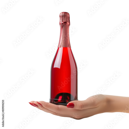 Isolated small bottle of rose sparkle wine in female hand on white or transparent background. photo