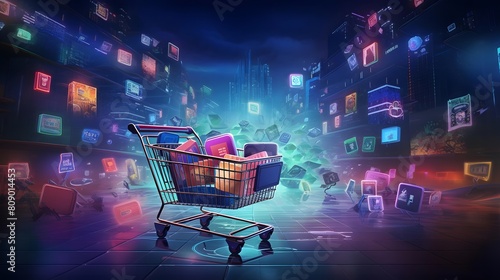 Digital illustration of shopping cart in front of abstract background with media icons