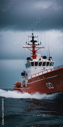 A Coast Guard boat cleaves the waves of the sea. Sunny weather. U.S. Coast Guard Day