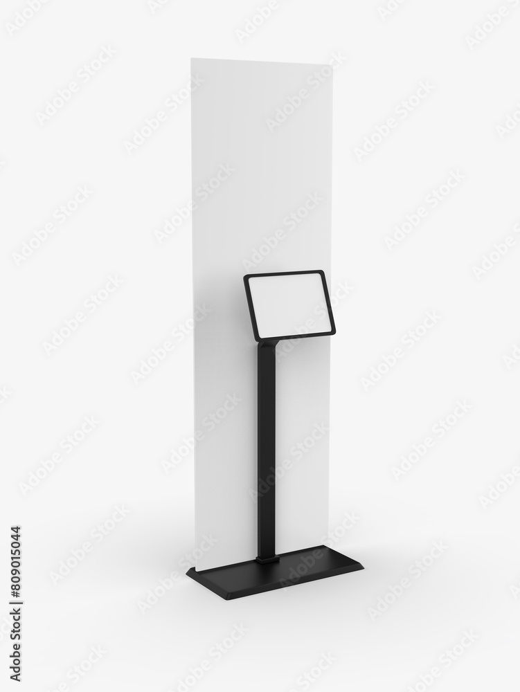 custom made wallpaper toronto digitalTrade show kiosk floor stand banner with blank digital screen touch tablet template, 3d illustration.