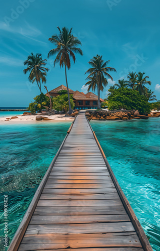 A wooden bridge over a body of water with a palm trees and huts on the beach