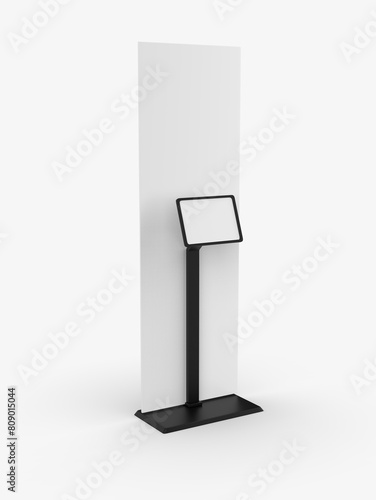 Wallpaper Mural Trade show kiosk floor stand banner with blank digital screen touch tablet template, 3d illustration. Torontodigital.ca