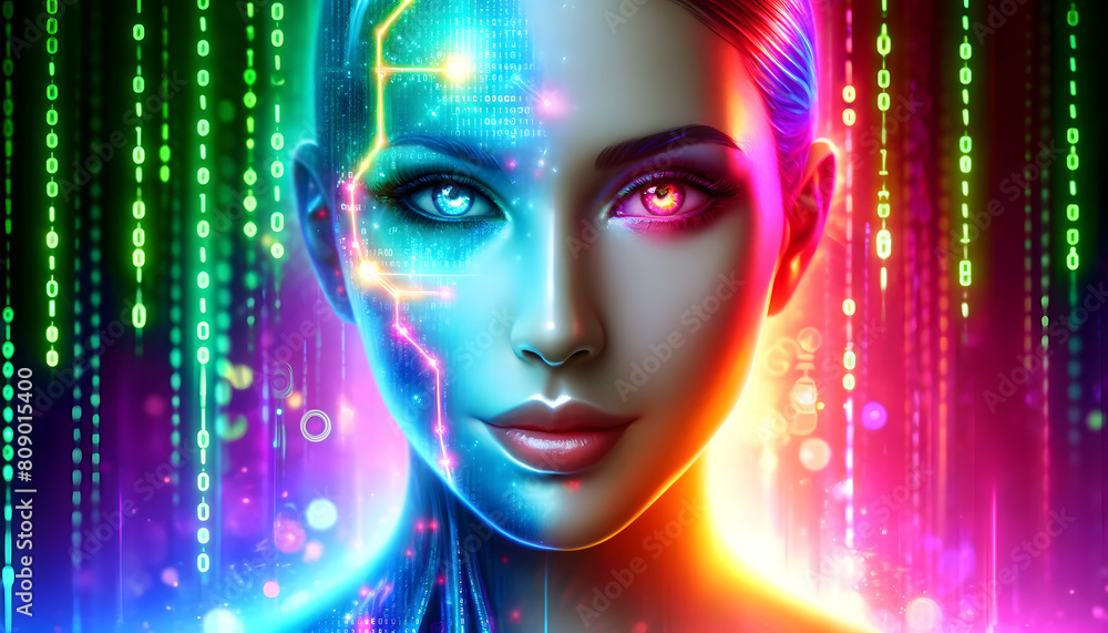 a mysterious and dramatic scene of a hacker, with her face partially obscured by streaming green binary code. a mysterious and dramatic scene of a hacker, with her face partially obscured by streaming green binary code.