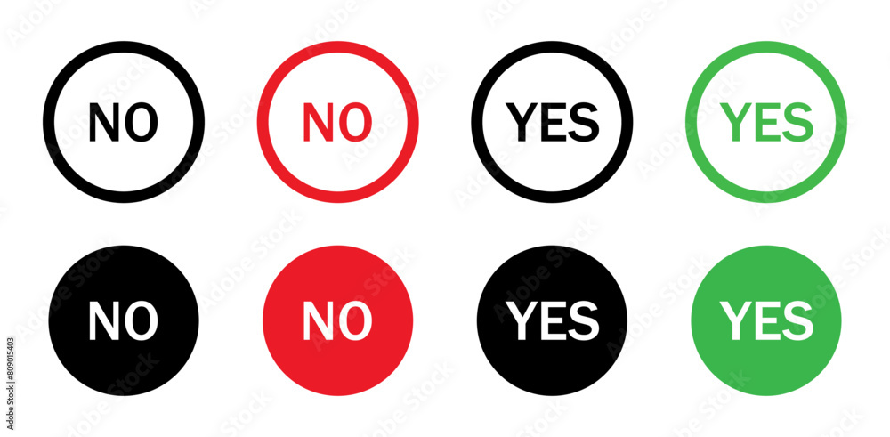 Yes and no vector icon set with different style. Yes or no choice. Set of yes or no icon sign symbol. Yes or no button. Tick mark and cross mark. Green yes and red no icon. Vector illustration. Yes and no vector icon set with different style. Yes or no choice. Set of yes or no icon sign symbol. Yes or no button. Tick mark and cross mark. Green yes and red no icon. Vector illustration.