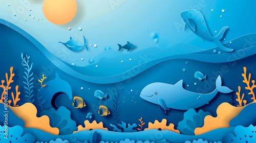 world ocean day paper art background concept,generative Ai