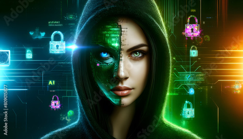 a mysterious and dramatic scene of a hacker, with her face partially obscured by streaming green binary code.