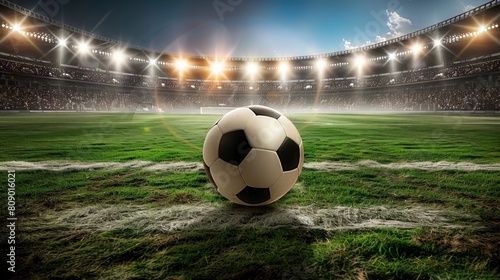 classic soccer ball on grass in a stadium with background lights in high resolution and quality