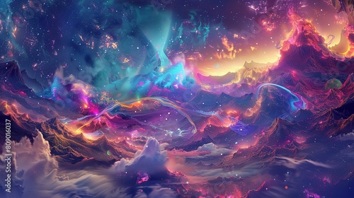 abstract digital landscape adorned with celestial elements photo