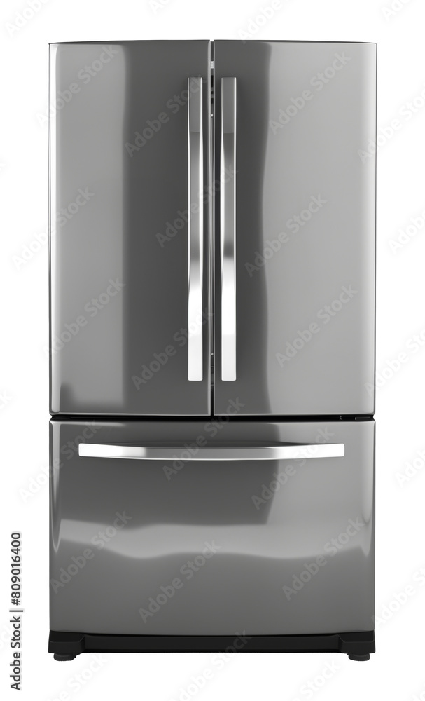 Modern stainless steel refrigerator with French doors and drawer freezer isolated on transparent background png Modern stainless steel refrigerator with French doors and drawer freezer isolated on transparent background png