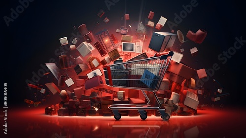3D rendering of a shopping cart with boxes on a dark background