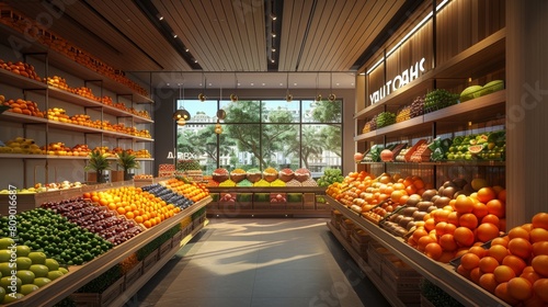 Generate a visual representation of a modern fruit store