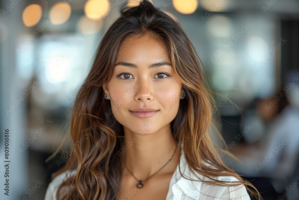A portrait of a stylish young woman with a playful hairstyle in a casual office environment, radiating uniqueness A portrait of a stylish young woman with a playful hairstyle in a casual office environment, radiating uniqueness