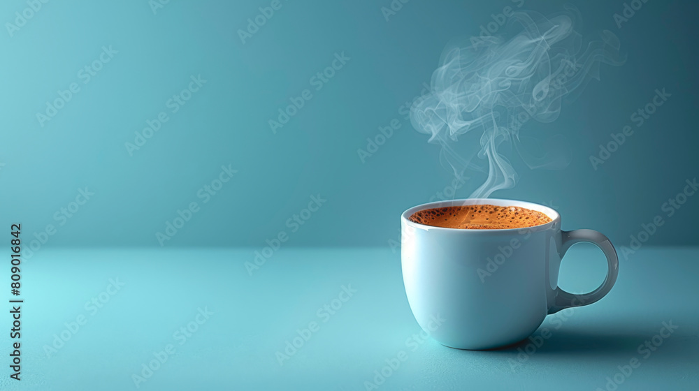 Pastel background, blue cup with pink steam on a blue background. Smoke from hot drink. Pastel background, blue cup with pink steam on a blue background. Smoke from hot drink.