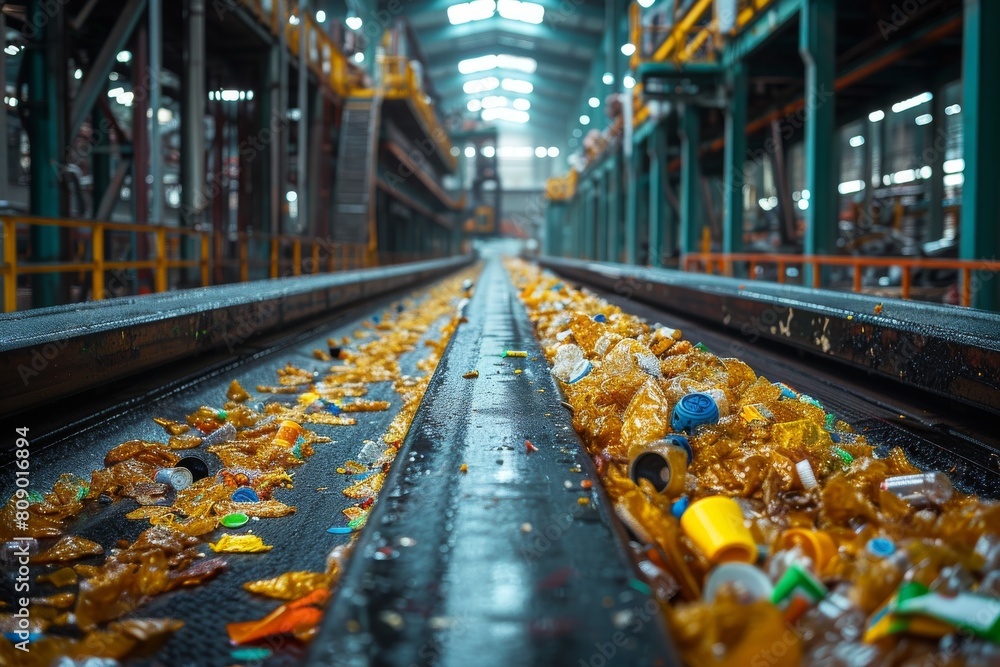 A detailed industrial shot of a conveyor belt overflowing with recyclables in a busy recycling facility A detailed industrial shot of a conveyor belt overflowing with recyclables in a busy recycling facility